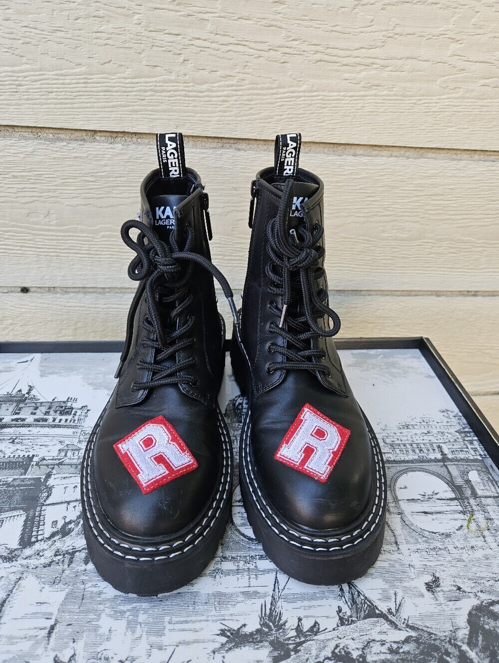 Karl Lagerfeld Dixie black applique combat boots size 8 - Picture 2 of 12